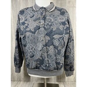 Vintage Season Ticket Collared Blue Floral Long Sleeve Sweater Womens SZ L